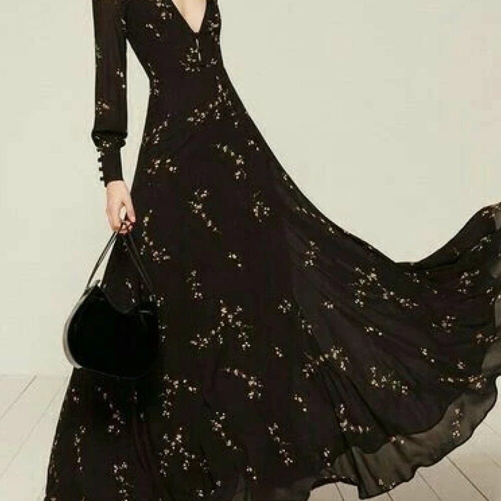 NWT Reformation Black Floral Open Back Gown Size 6 Long Sleeve - Picture 4 of 10